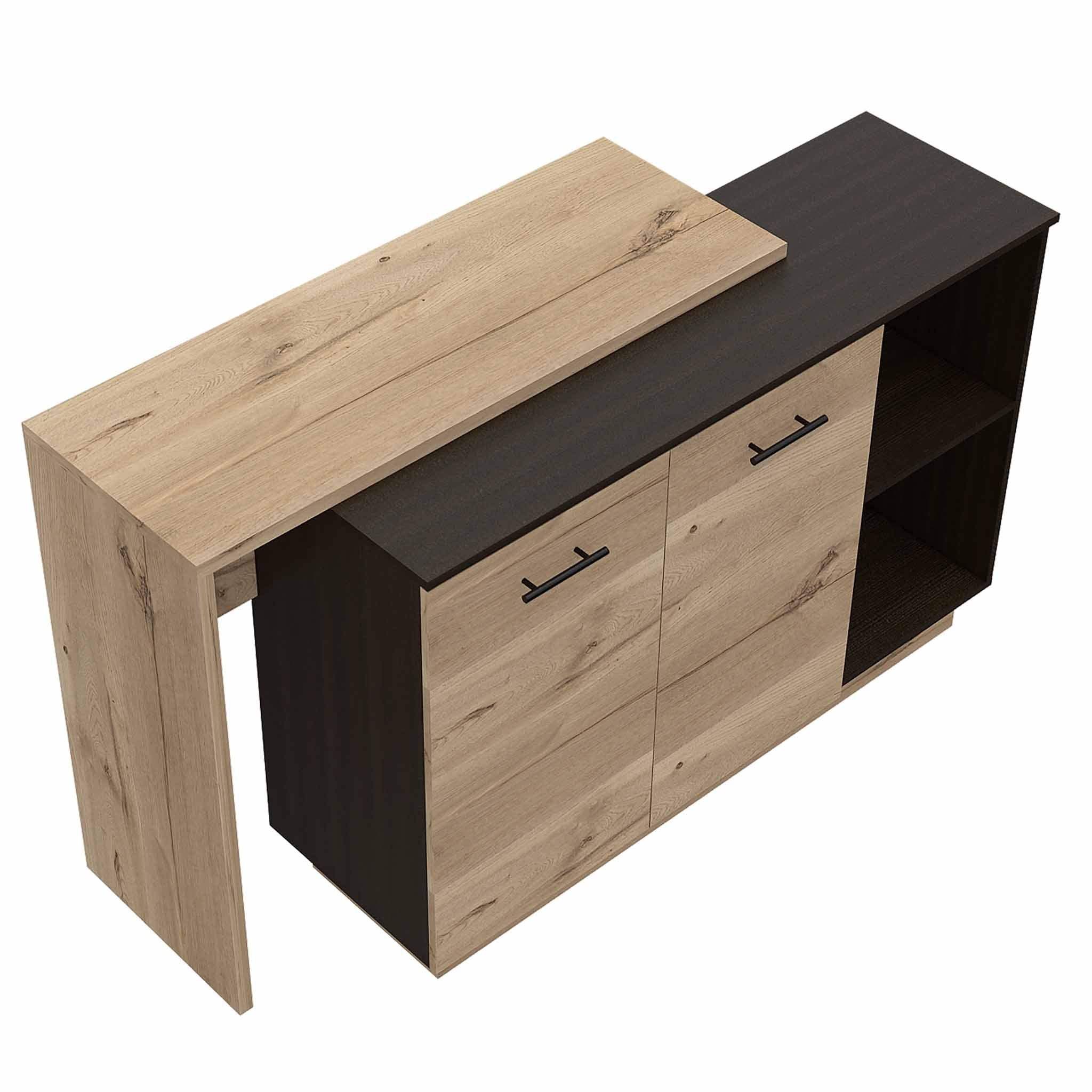 Black and Light Oak Contemporary Kitchen Island with Bar Table - Image 4