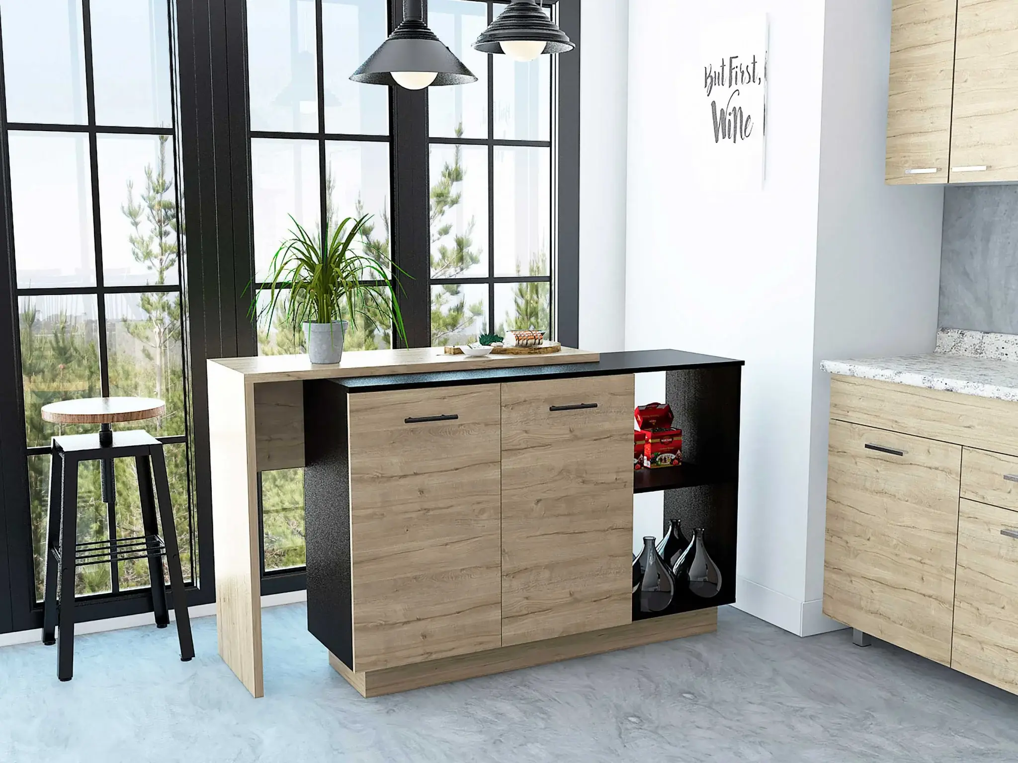 Black and Light Oak Contemporary Kitchen Island with Bar Table - Image 7