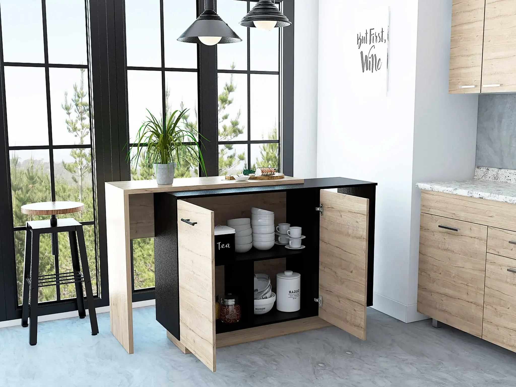 Black and Light Oak Contemporary Kitchen Island with Bar Table - Image 8