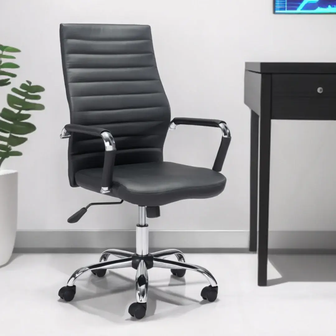 Black and Silver Adjustable Swivel Faux Leather Rolling Conference Office Chair - Image 2