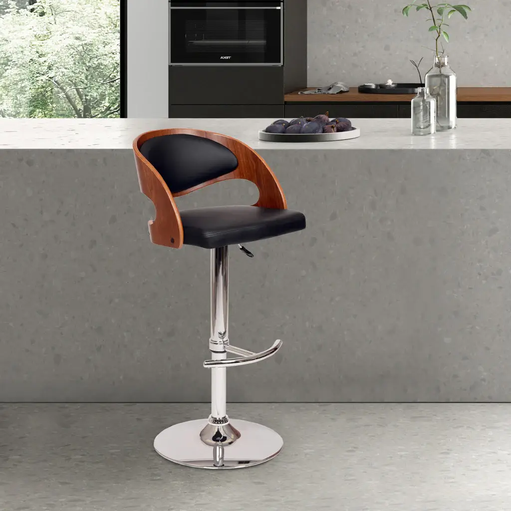 Black And Silver Faux Leather And Chrome Low Back Adjustable Height Swivel Bar Chair - Image 7