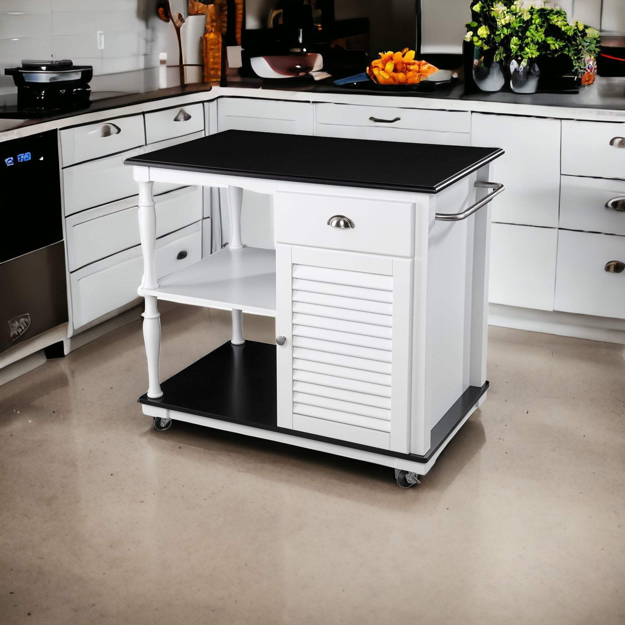 Black and White and Black 39" Rolling Kitchen Island With Storage - Image 3
