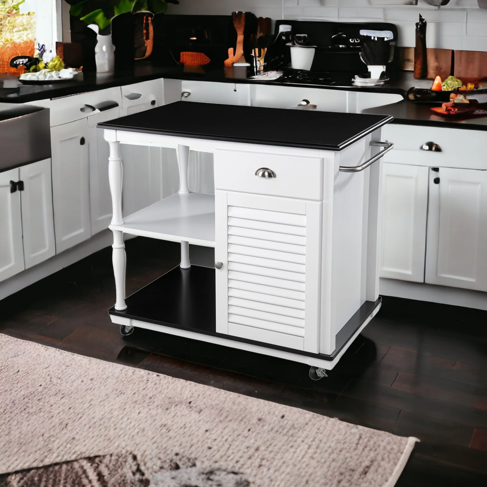 Black and White and Black 39" Rolling Kitchen Island With Storage - Image 4