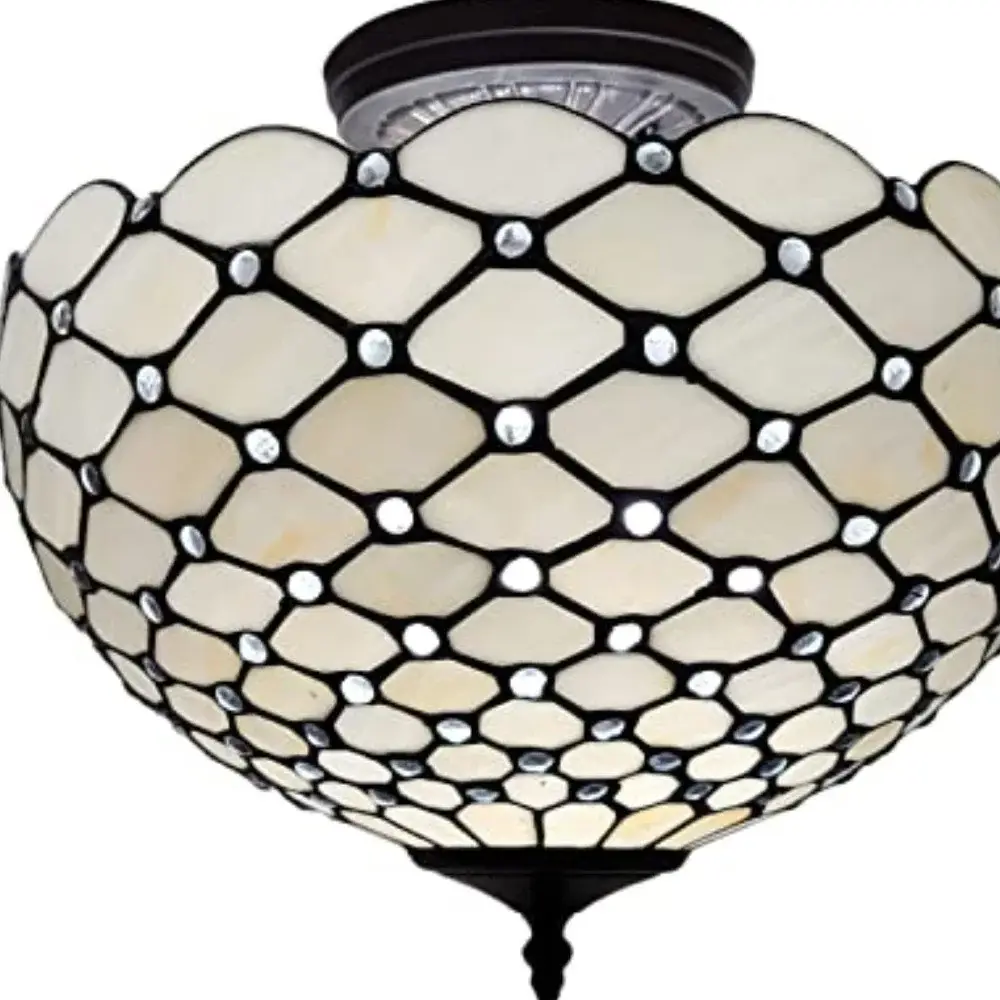 Black and White Tiffany Style Two Light Semi Flush Ceiling Lamp - Image 4