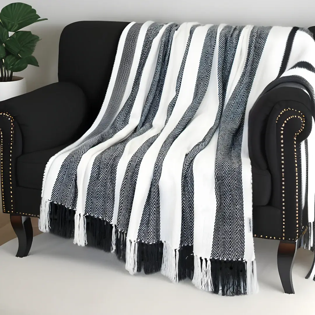 Black and White Woven Cotton Striped Throw Blanket - Image 2