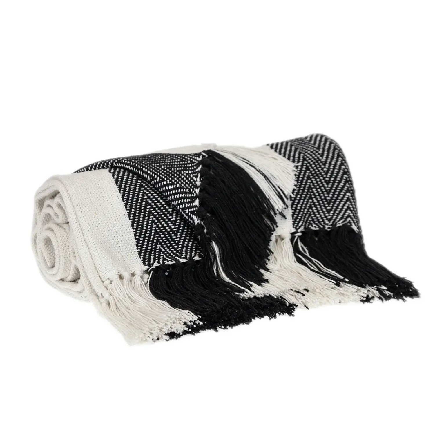Black and White Woven Cotton Striped Throw Blanket - Image 3
