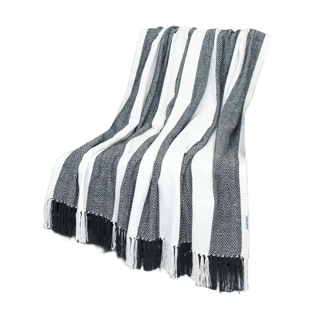 Black and White Woven Cotton Striped Throw Blanket - Image 4