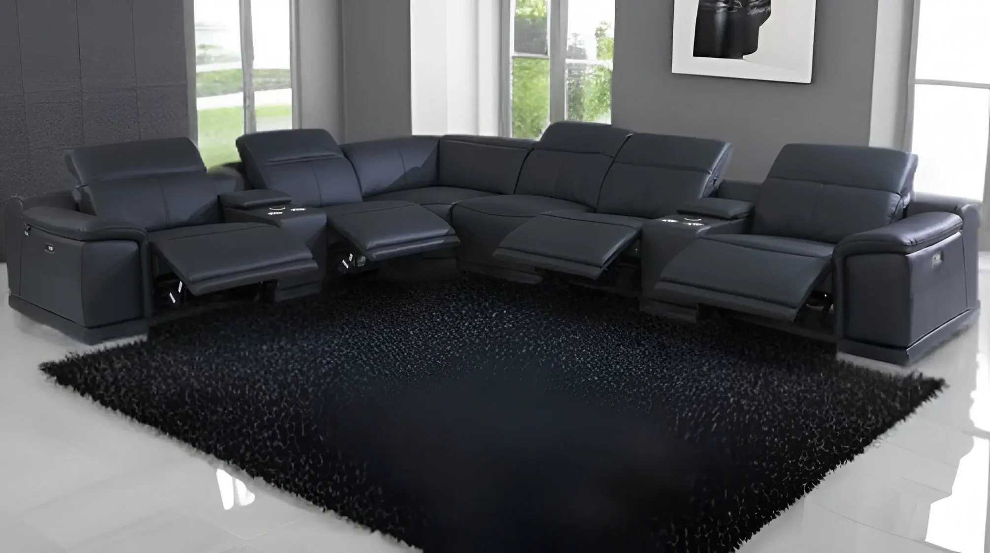 Black Italian Leather Power Reclining U Shaped Eight Piece Corner Sectional With Console - Image 2