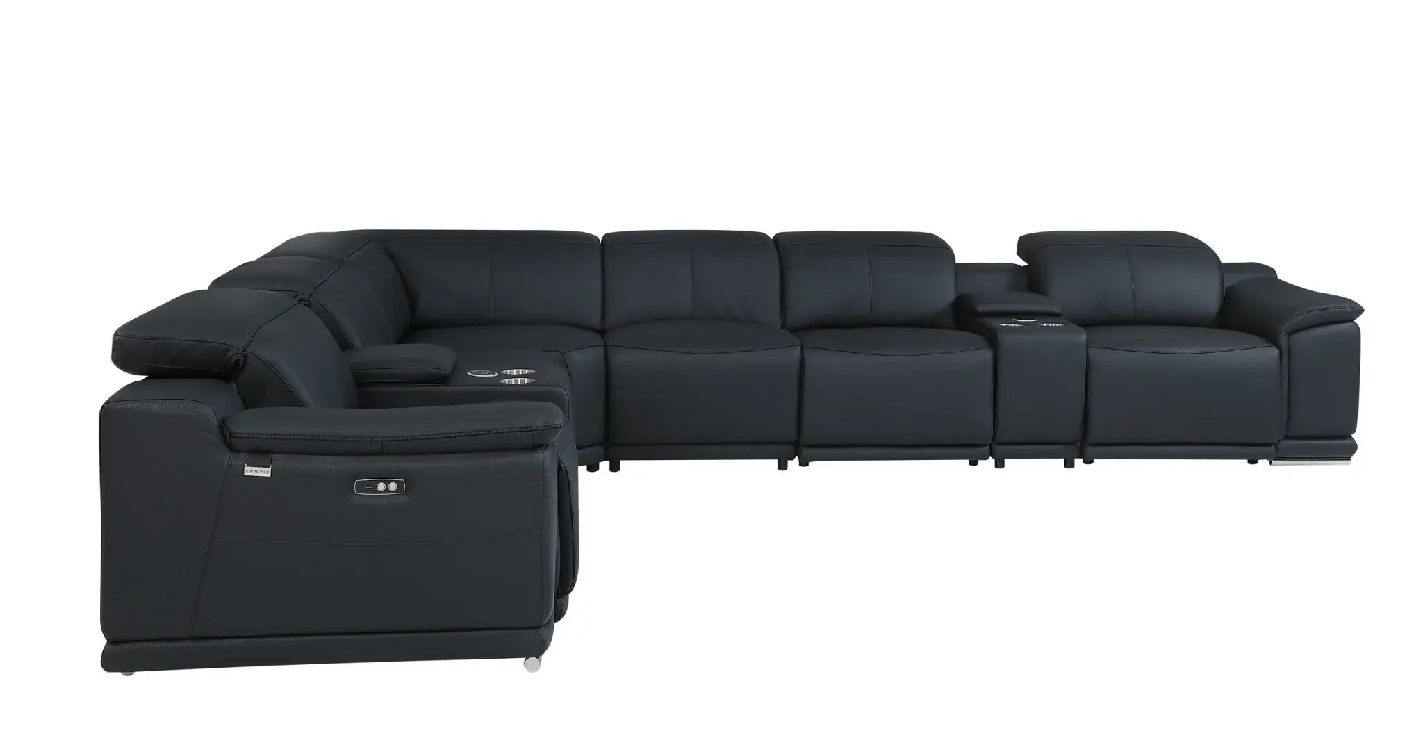 Black Italian Leather Power Reclining U Shaped Eight Piece Corner Sectional With Console - Image 3