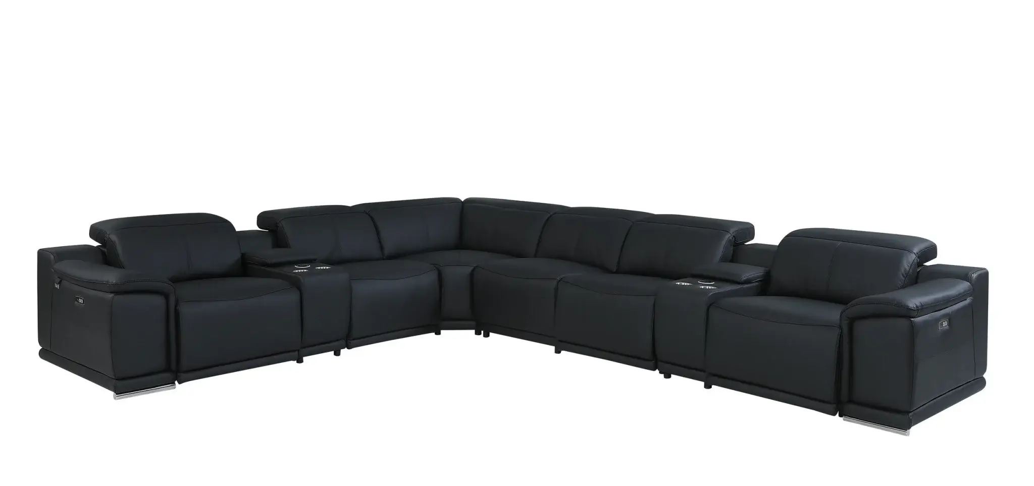 Black Italian Leather Power Reclining U Shaped Eight Piece Corner Sectional With Console - Image 4