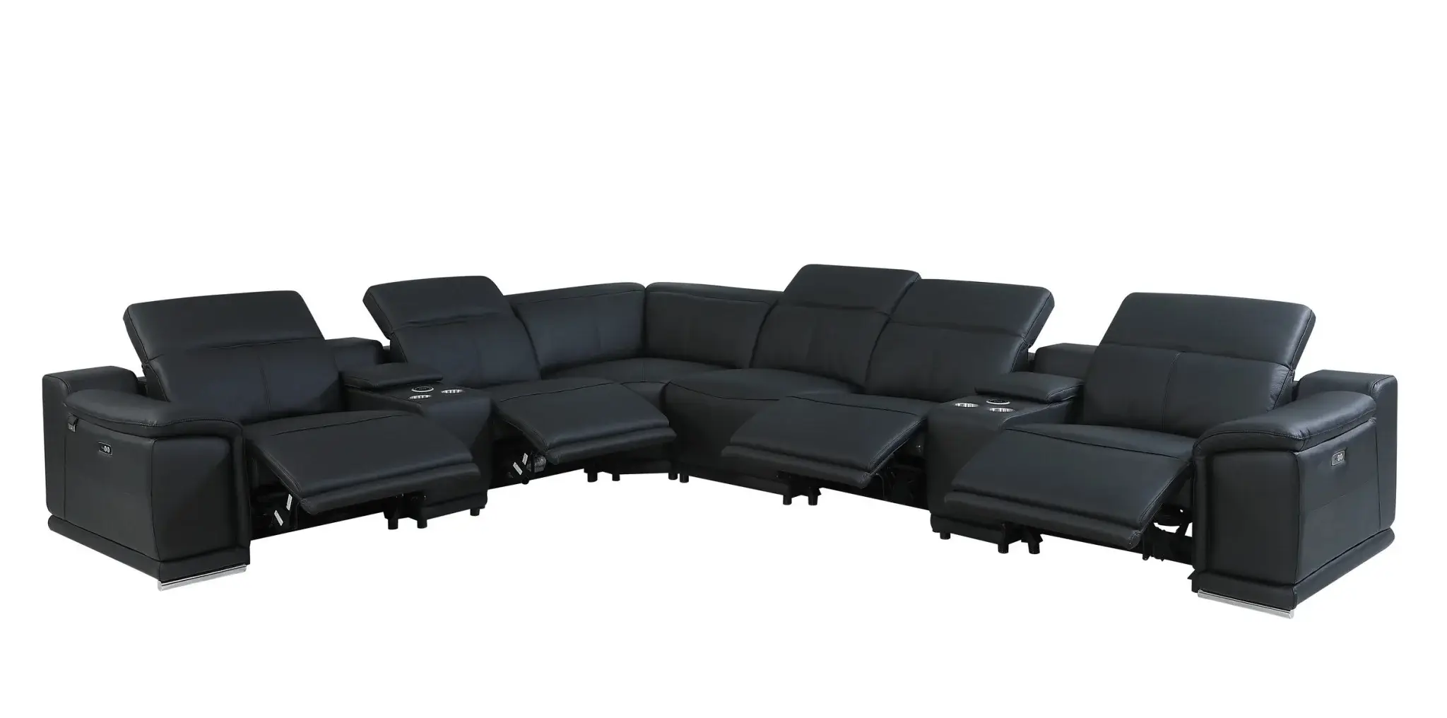 Black Italian Leather Power Reclining U Shaped Eight Piece Corner Sectional With Console - Image 5