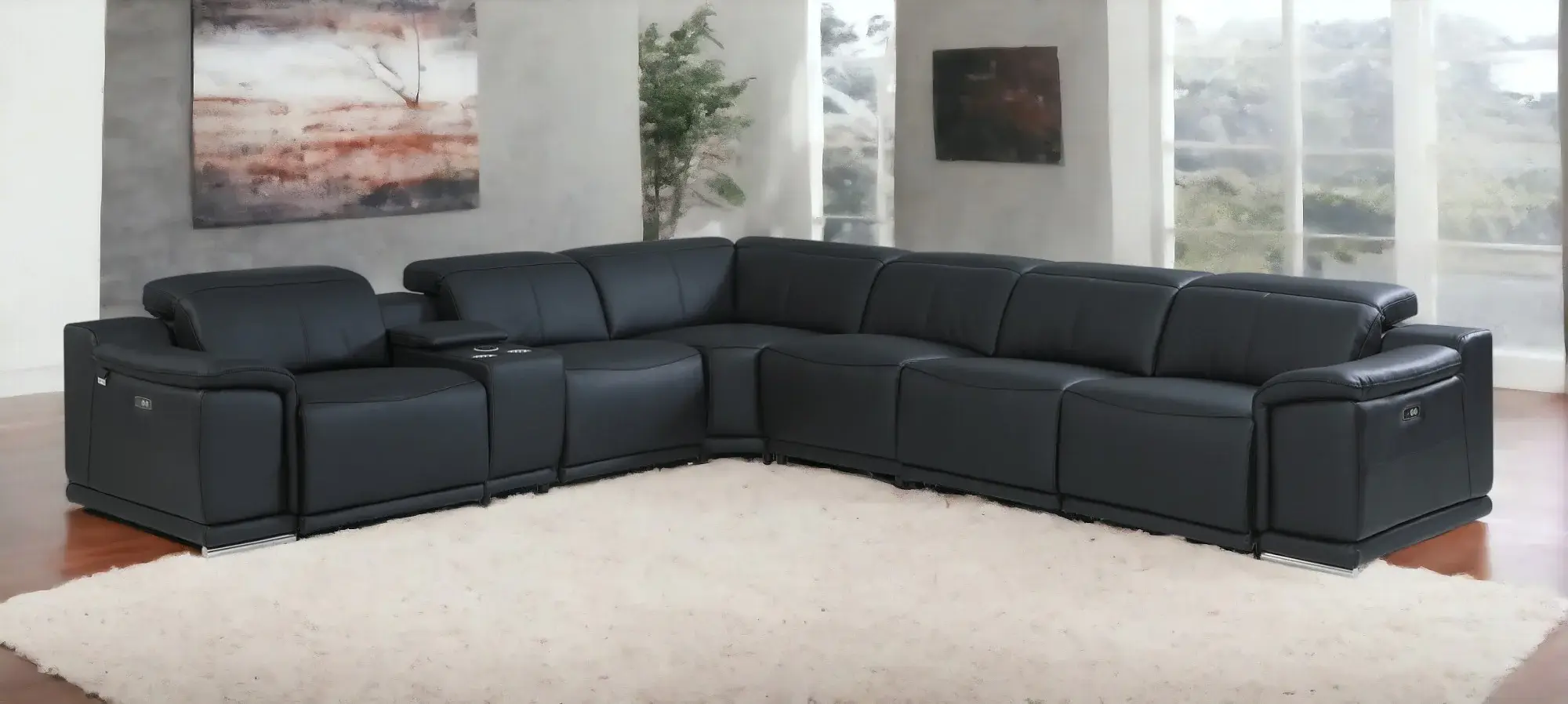 Black Italian Leather Power Reclining U Shaped Seven Piece Corner Sectional With Console - Image 2