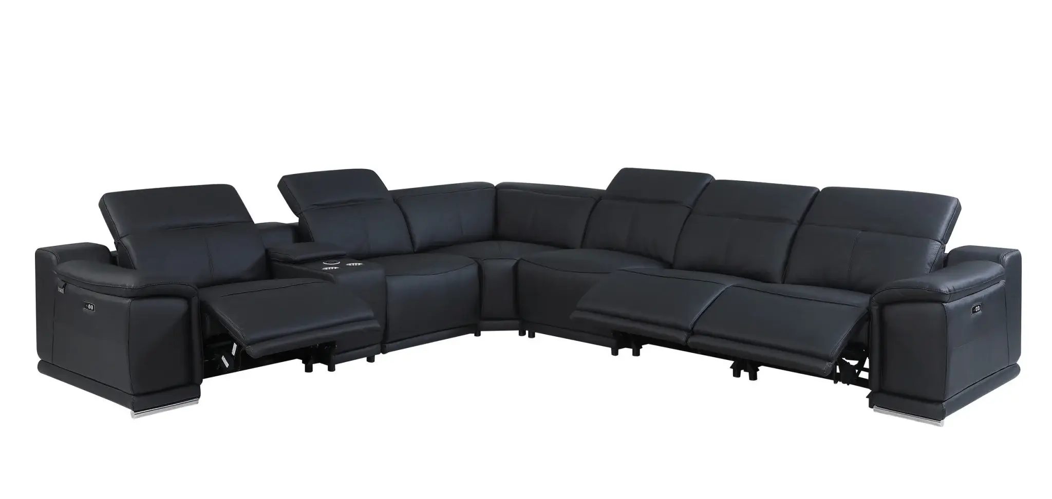 Black Italian Leather Power Reclining U Shaped Seven Piece Corner Sectional With Console - Image 7