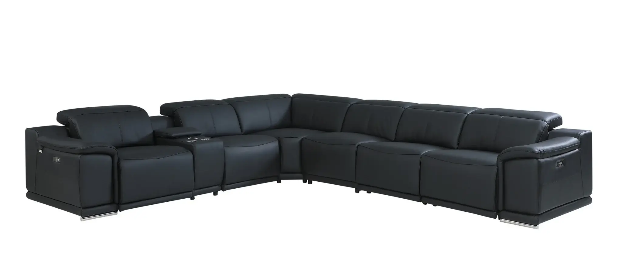 Black Italian Leather Power Reclining U Shaped Seven Piece Corner Sectional With Console - Image 4