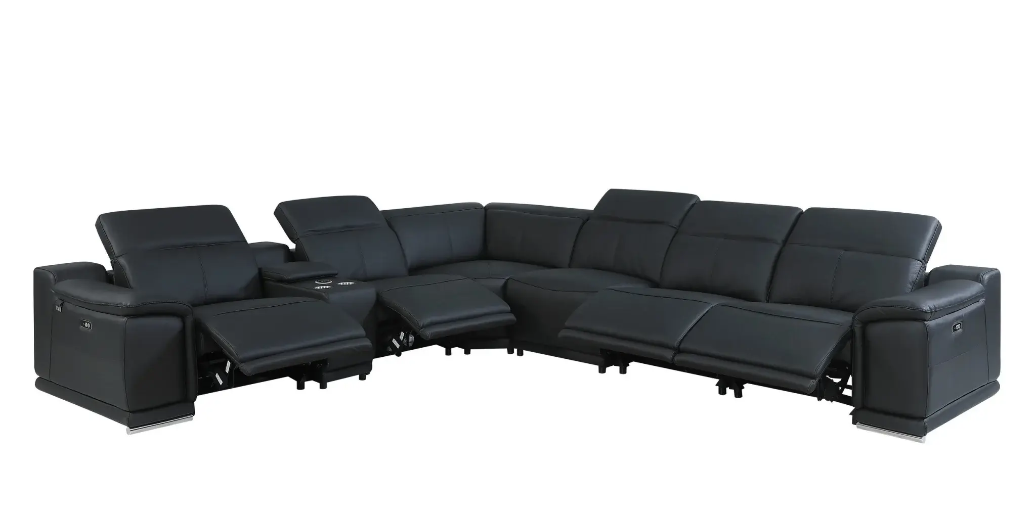 Black Italian Leather Power Reclining U Shaped Seven Piece Corner Sectional With Console - Image 6