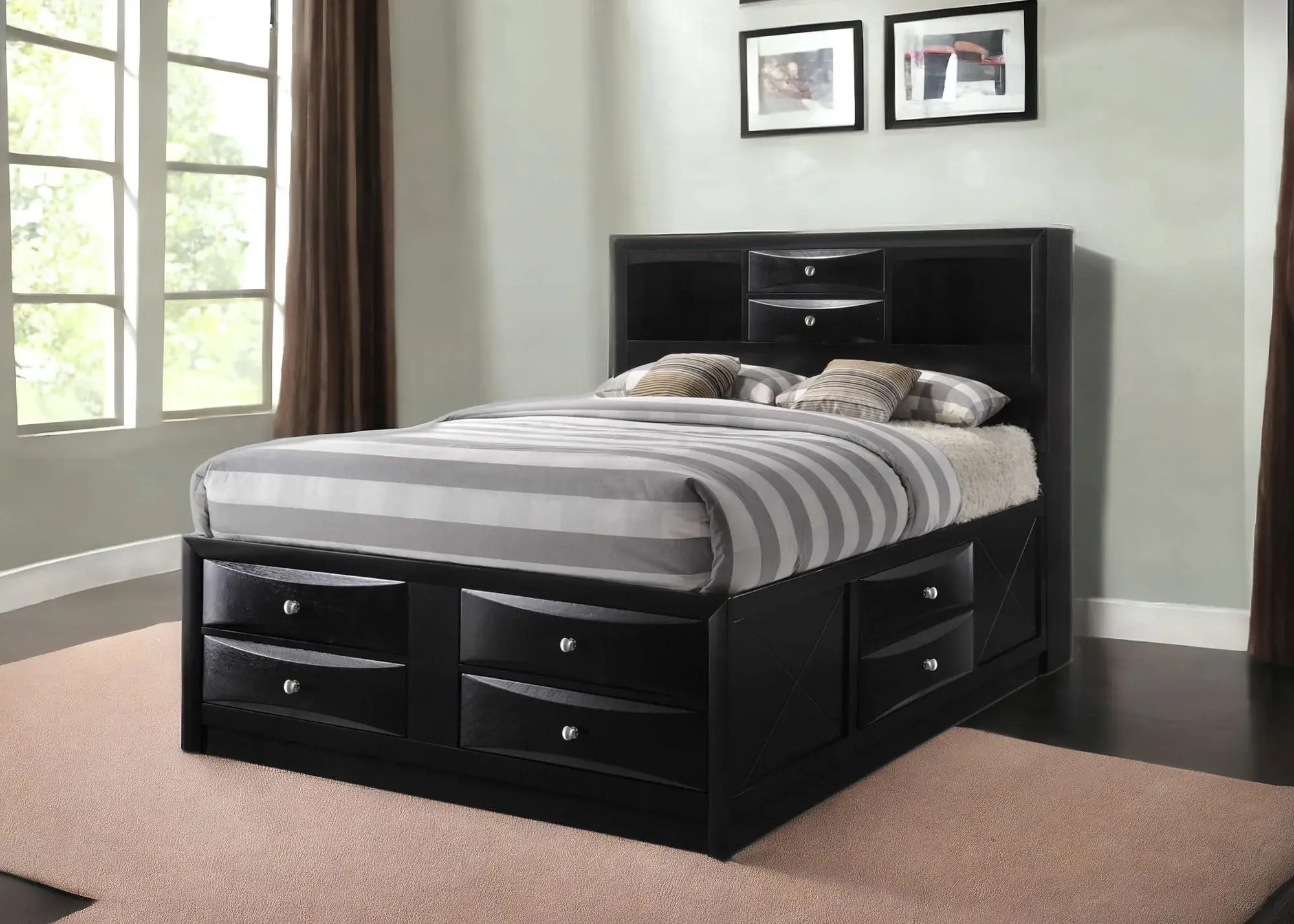 Black Multi-Drawer Queen Bed With Bookcase Headboard - Image 8