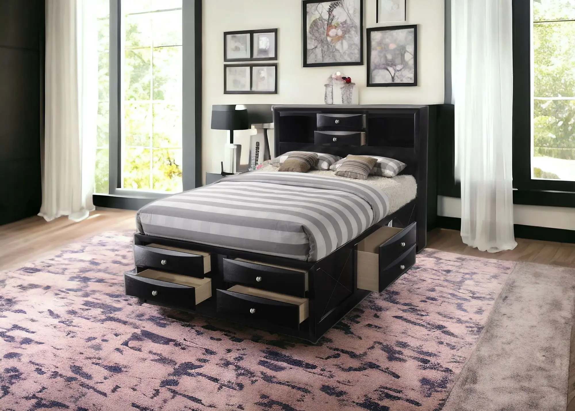 Black  Multi-Drawer Wood Platform  Full Bed With Pull Out Tray - Image 9