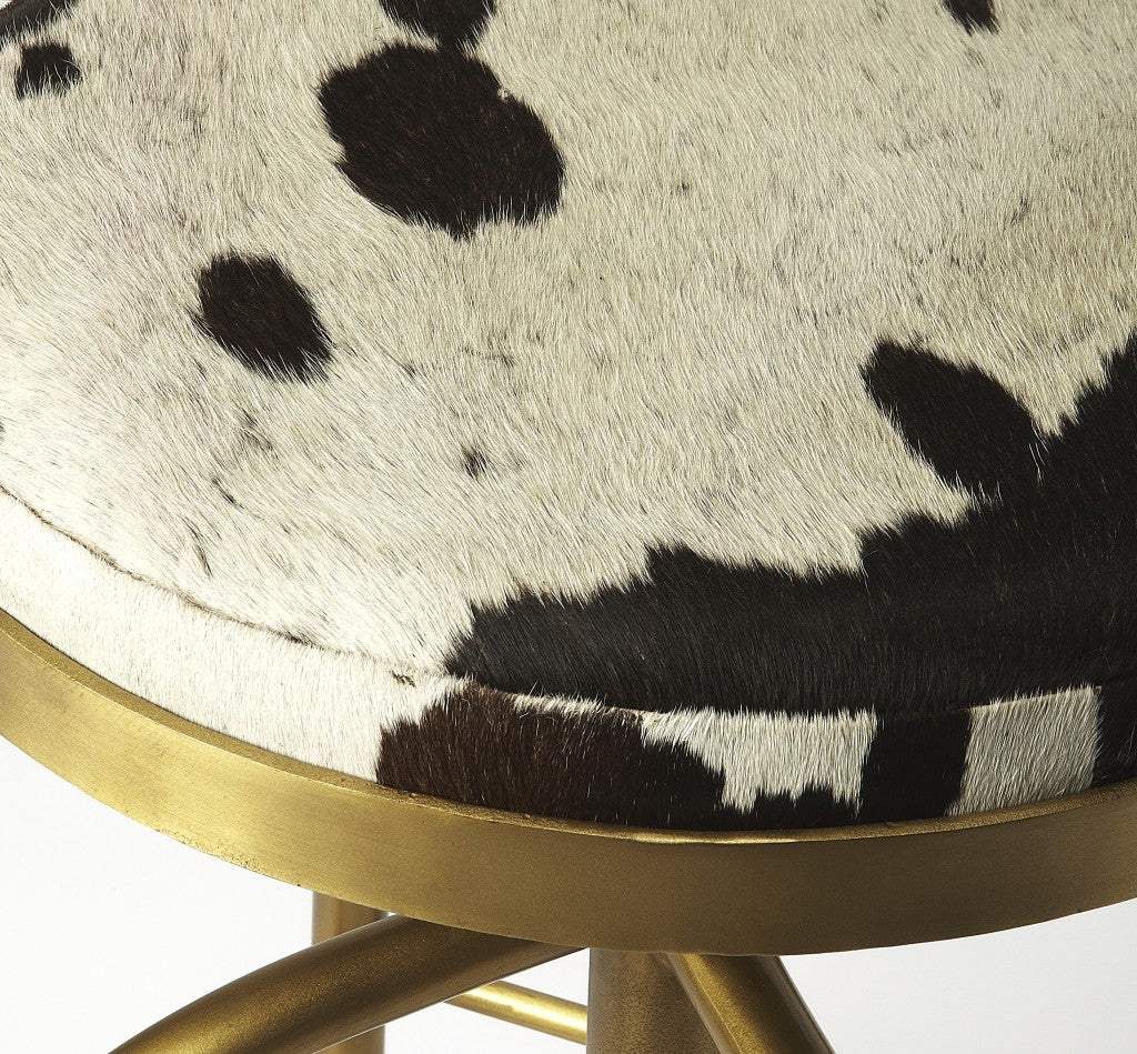 Black Off White And Gold Hair on Hide And Iron Adjustable Height Swivel Bar Chair - Image 4