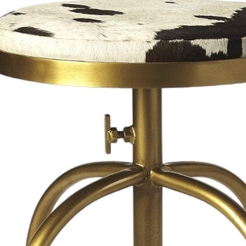 Black Off White And Gold Hair on Hide And Iron Adjustable Height Swivel Bar Chair - Image 7