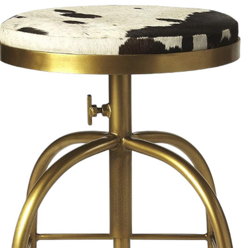 Black Off White And Gold Hair on Hide And Iron Adjustable Height Swivel Bar Chair - Image 8