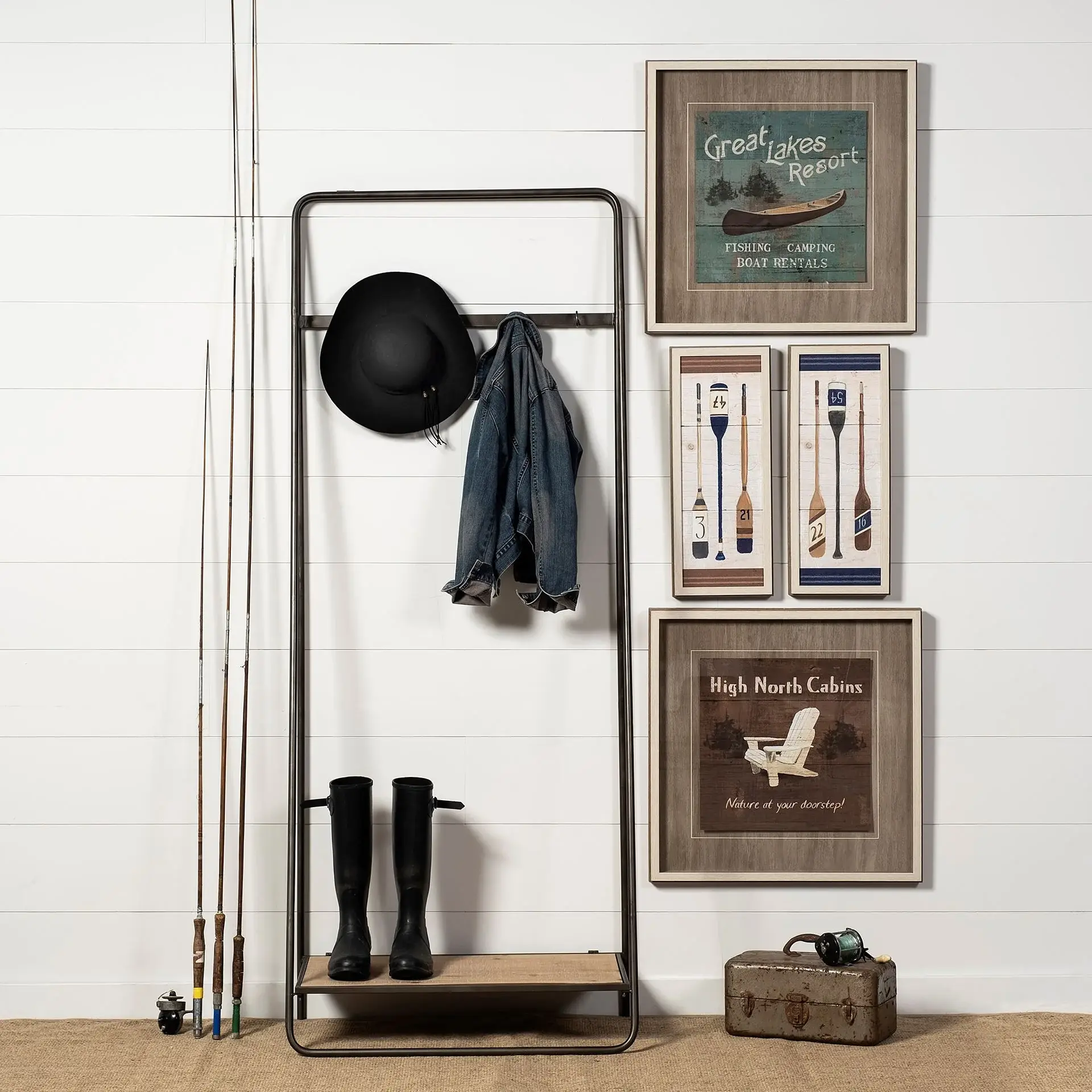 Black Pipe Metal And Wood Shelf Hall Tree - Image 6