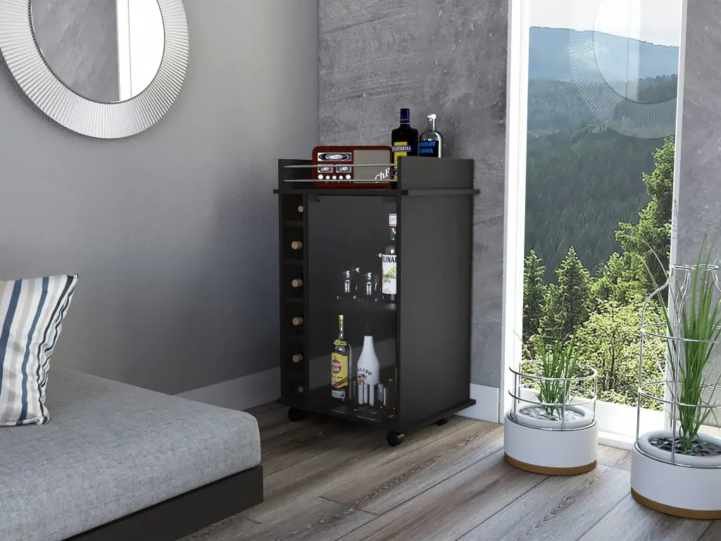 Black Rolling Bar Cart With Wine Storage - Image 3