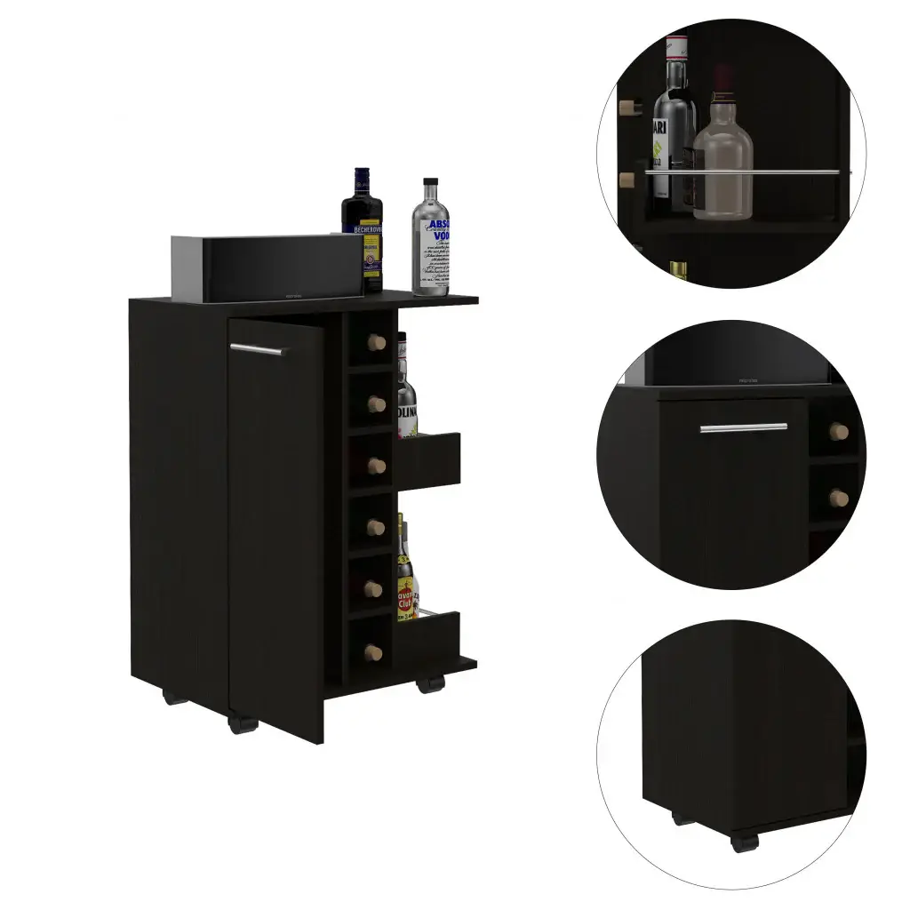 Black Rolling Bar Cart With Wine Storage - Image 2