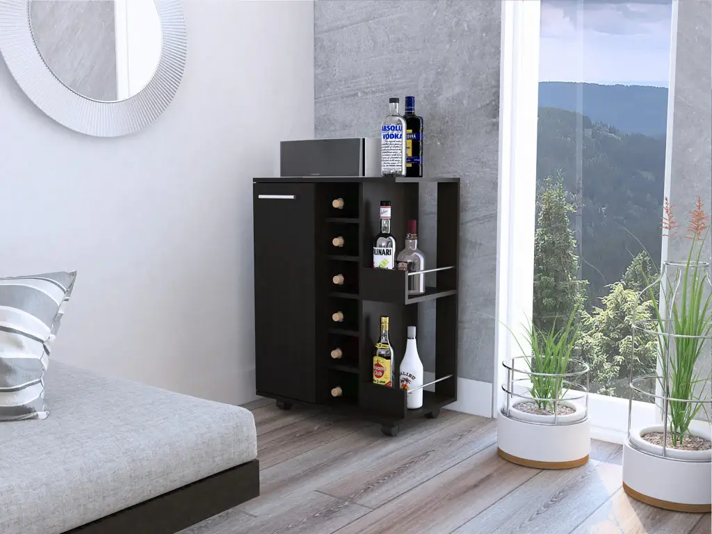 Black Rolling Bar Cart With Wine Storage - Image 3