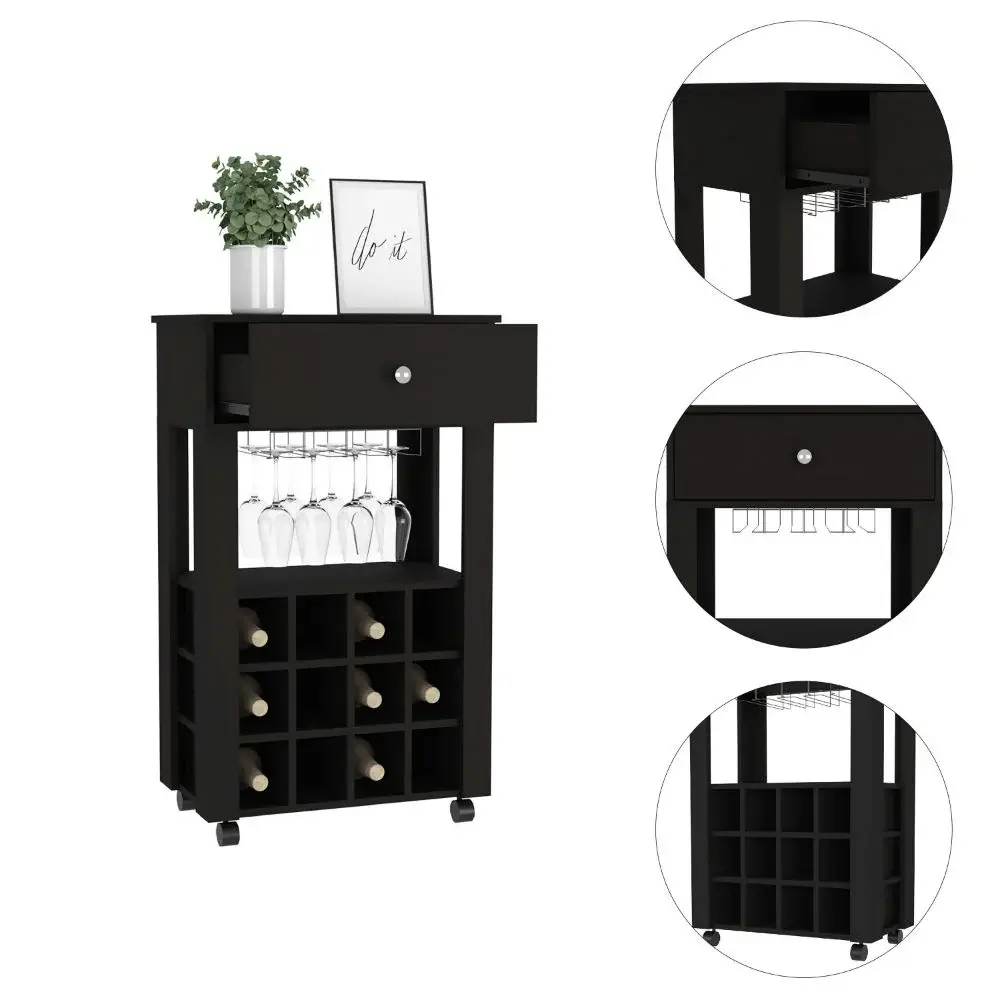Black Rolling Bar Cart With Wine Storage - Image 3