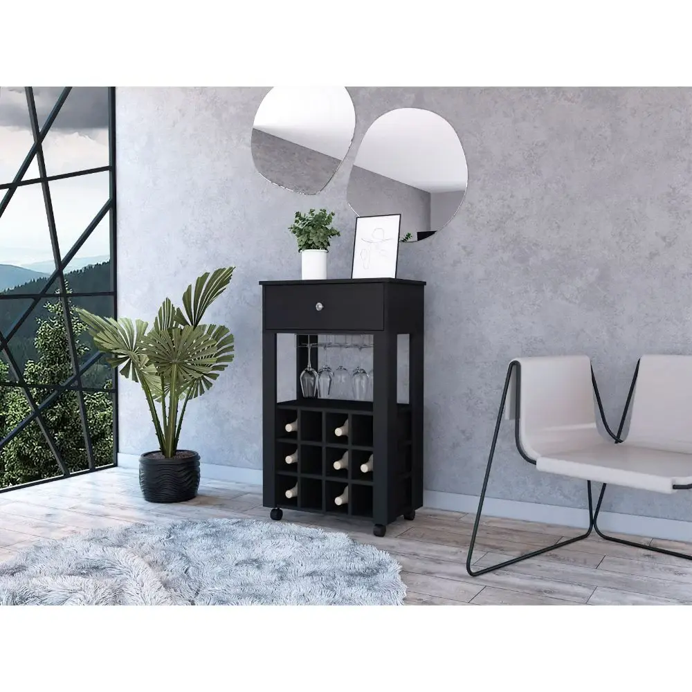 Black Rolling Bar Cart With Wine Storage - Image 4
