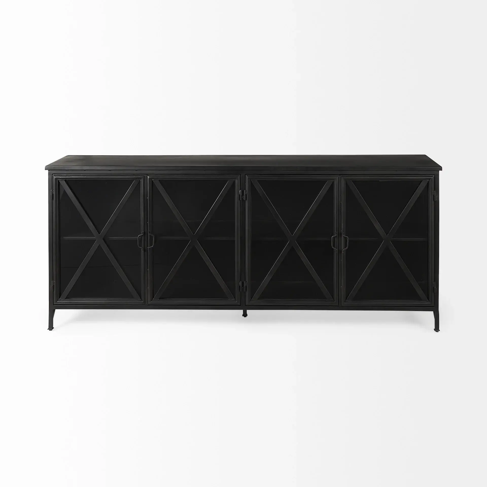 Black Solid Metallic Bronze Finish Sideboard With 4 Glass Cabinet Doors