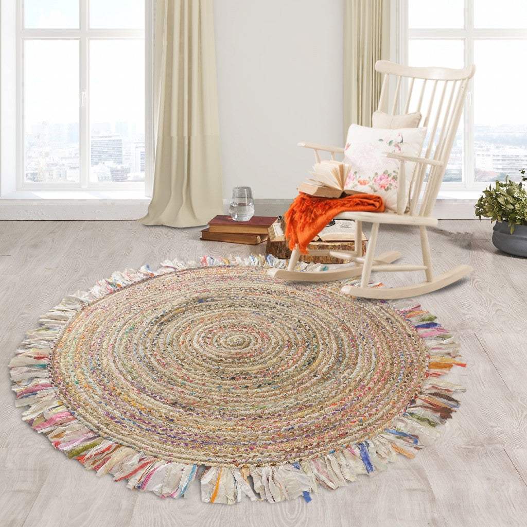 Bleached Multicolored Chindi And Natural Jute Fringed Round Rug - Image 5