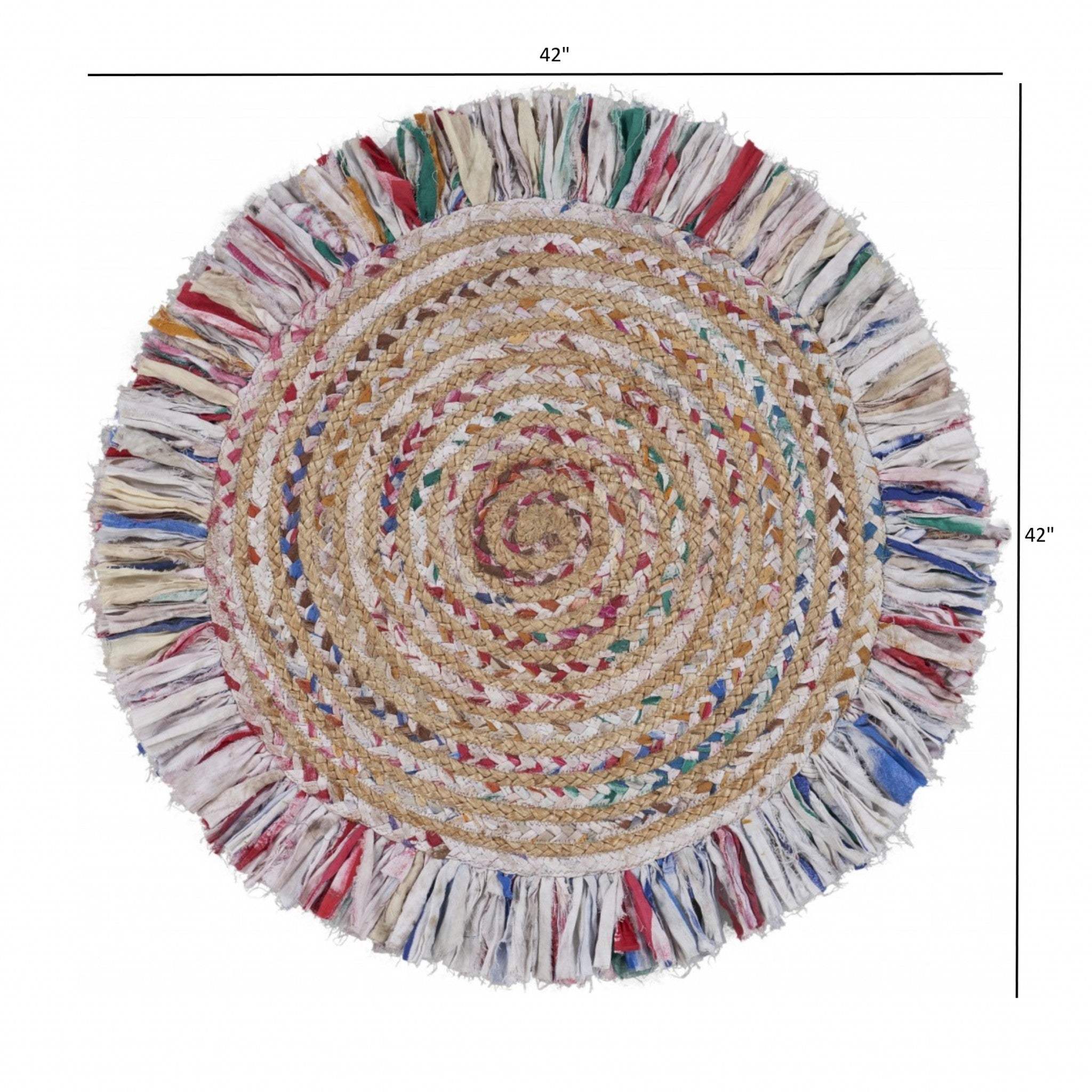 Bleached Multicolored Chindi And Natural Jute Fringed Round Rug - Image 6
