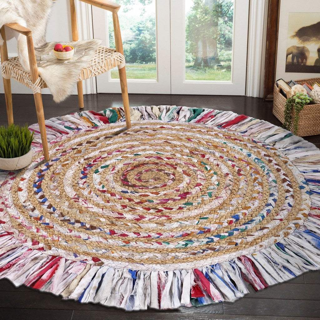 Bleached Multicolored Chindi And Natural Jute Fringed Round Rug - Image 4
