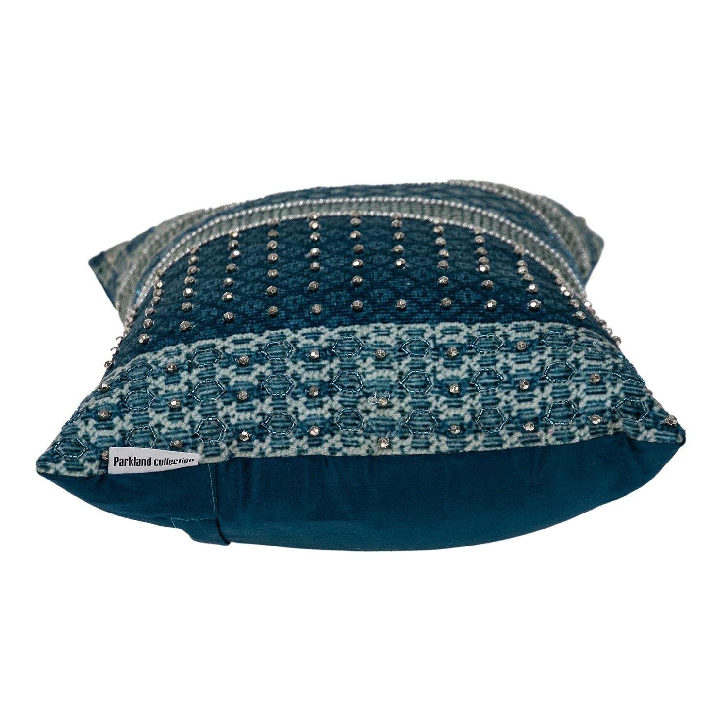 Blue and Aqua Beaded Embroidered Decorative Throw Pillow - Image 3