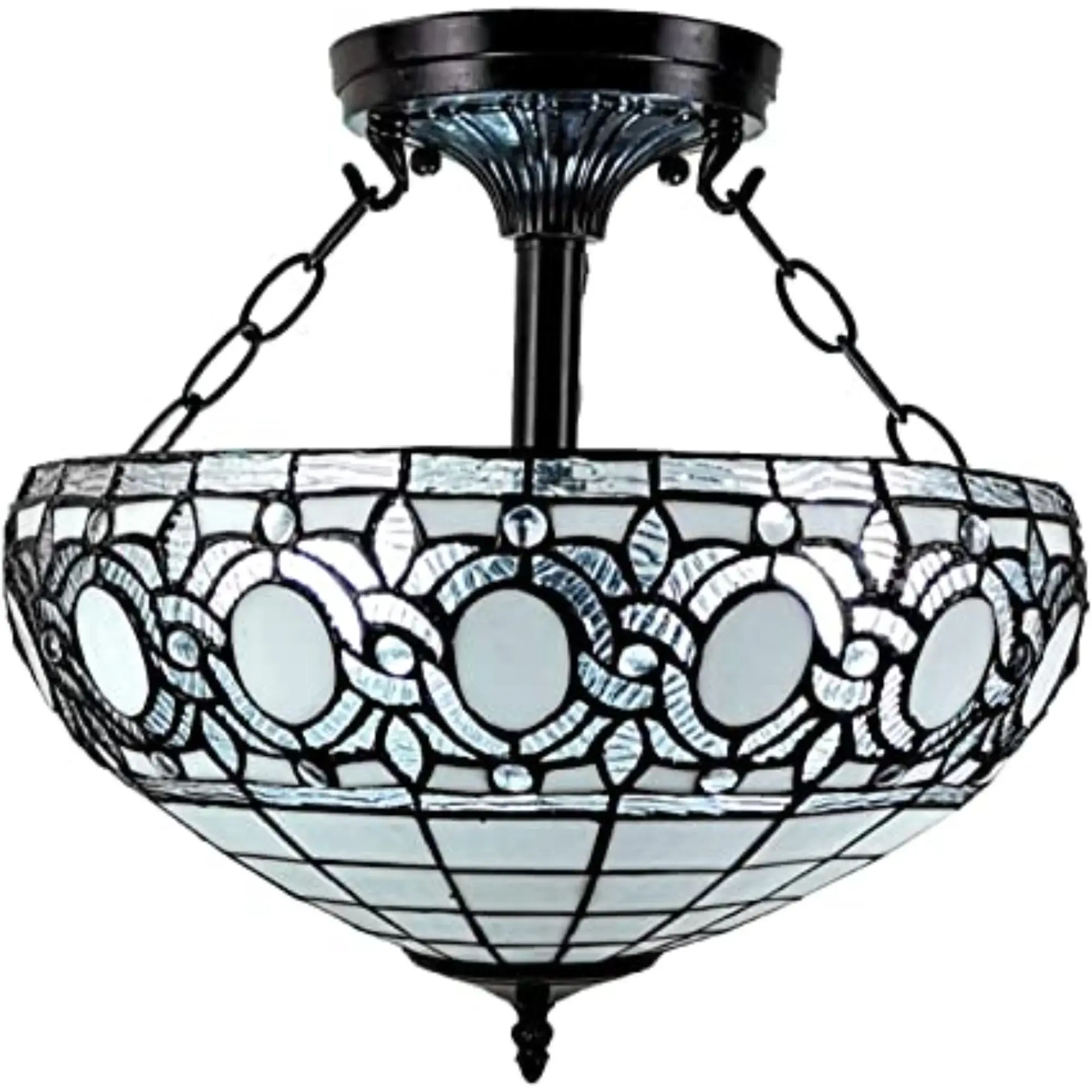 Blue and Black Tiffany Style Two Light Glass Dimmable Semi Flush Ceiling Light - Image 3