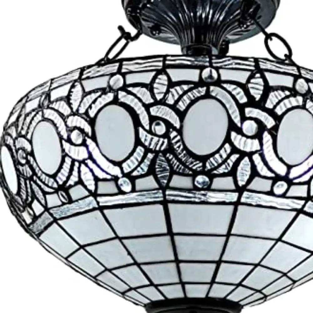 Blue and Black Tiffany Style Two Light Glass Dimmable Semi Flush Ceiling Light - Image 5