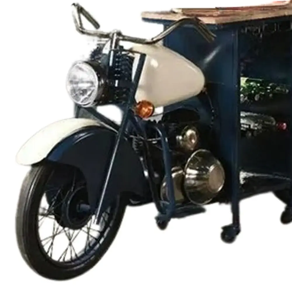 Blue and White Metal And Solid Wood Rolling Bar Cart With Wine Storage - Image 3
