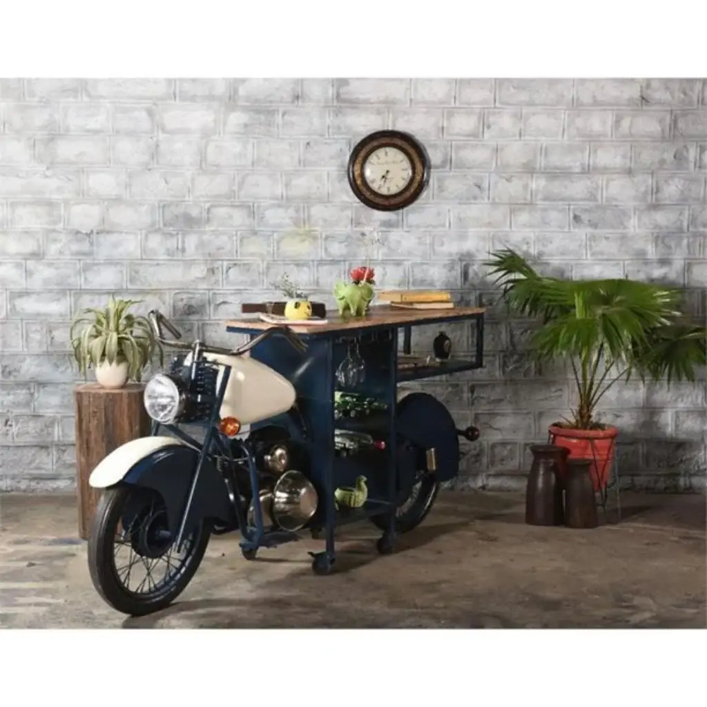 Blue and White Metal And Solid Wood Rolling Bar Cart With Wine Storage - Image 4