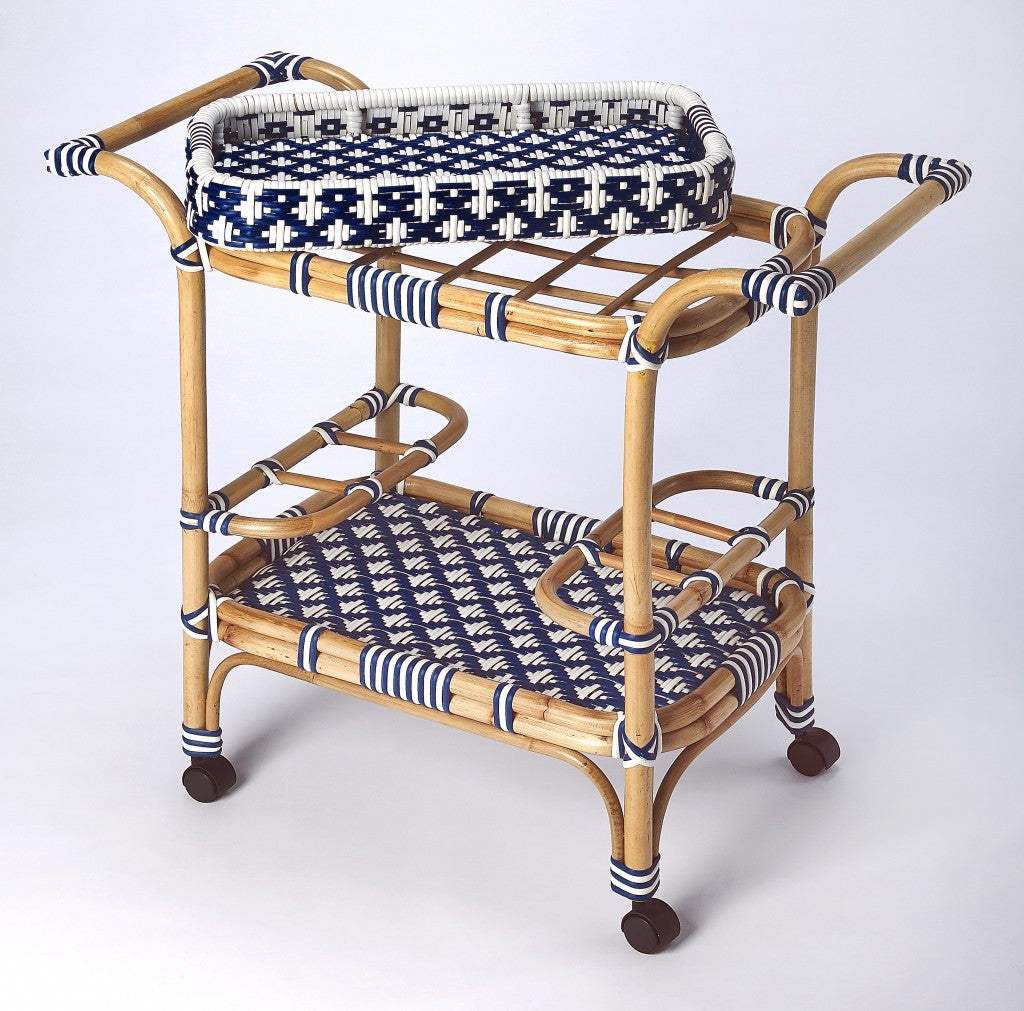 Blue And White Rattan Bar Cart - Image 2