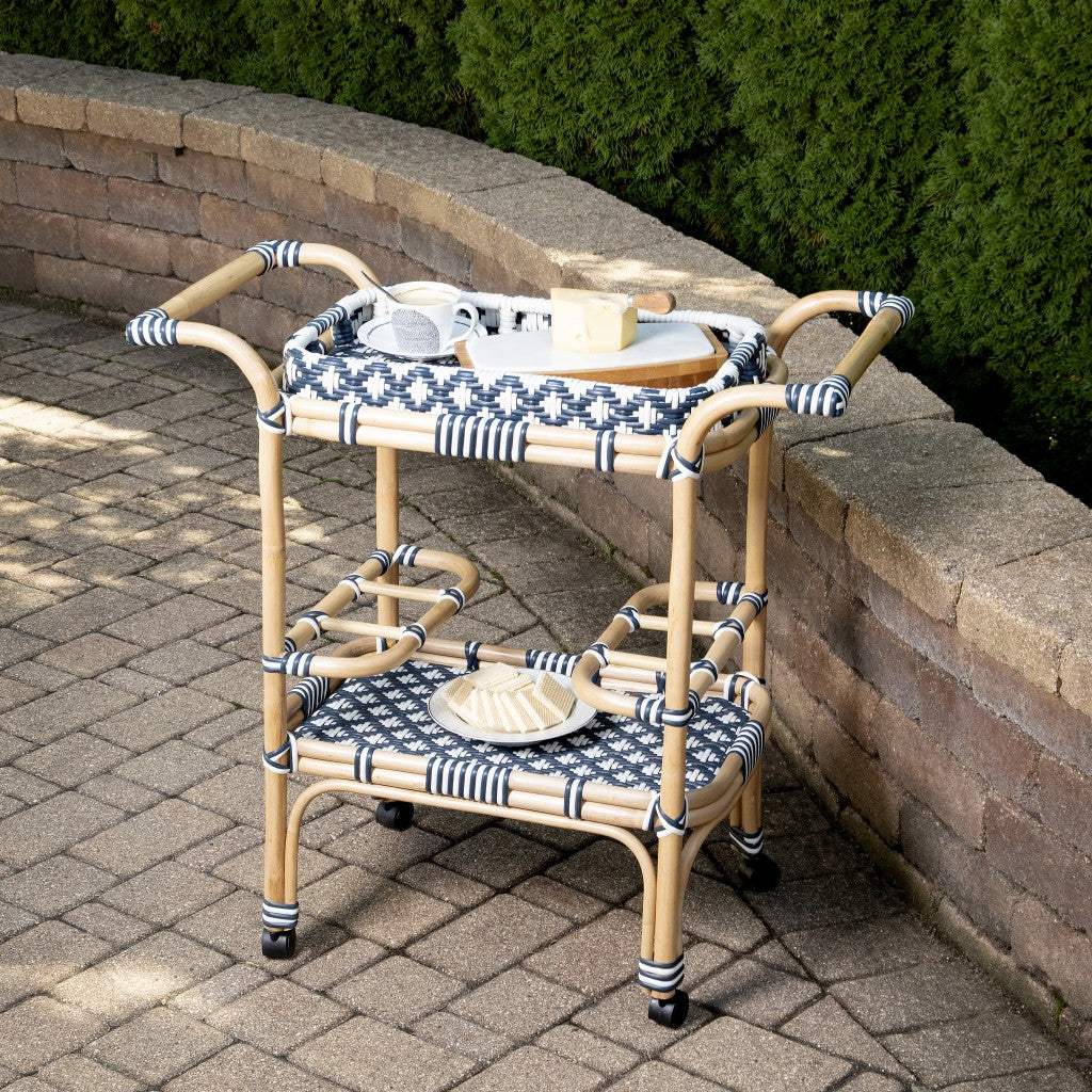 Blue And White Rattan Bar Cart - Image 6