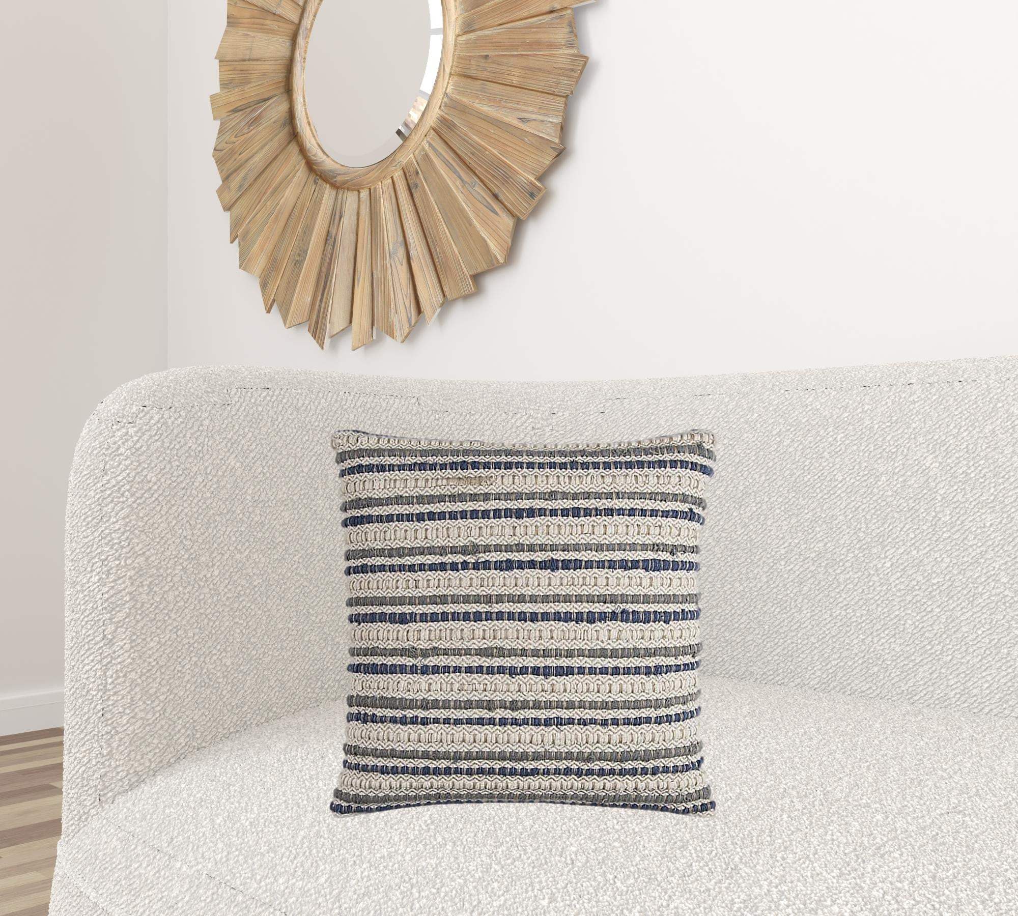 Blue Beige Nubby Texture Bands Throw Pillow - Image 2