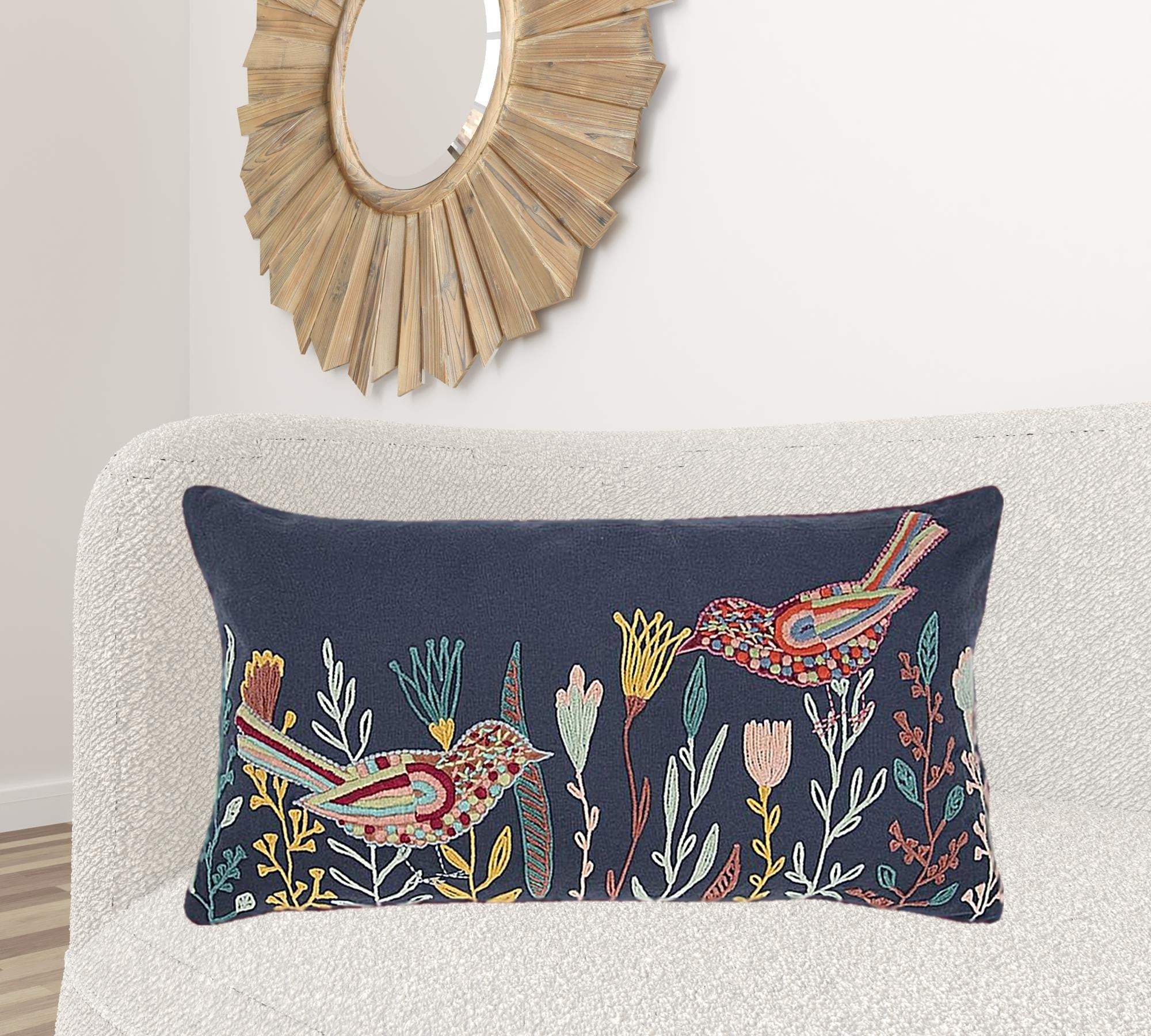 Blue Botanical and Bird Embroidered Lumbar Pillow - Image 2