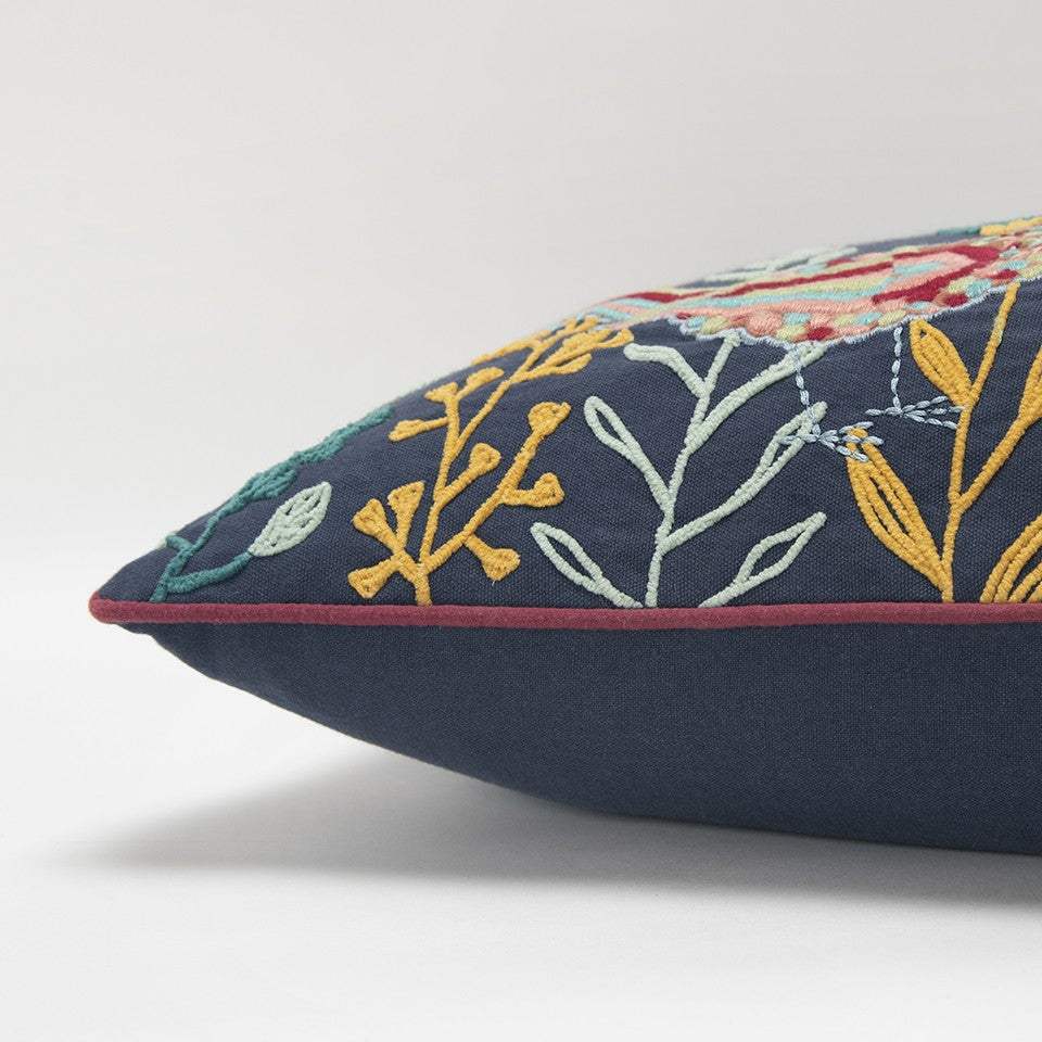 Blue Botanical and Bird Embroidered Lumbar Pillow - Image 3