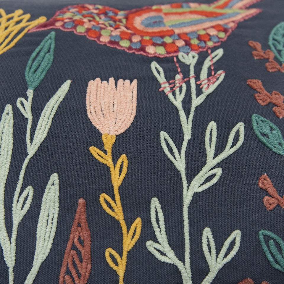 Blue Botanical and Bird Embroidered Lumbar Pillow - Image 4