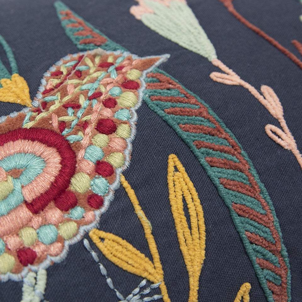 Blue Botanical and Bird Embroidered Lumbar Pillow - Image 5
