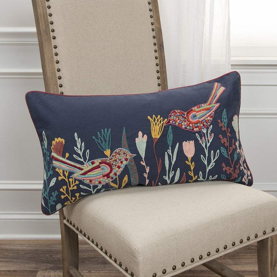 Blue Botanical and Bird Embroidered Lumbar Pillow - Image 6