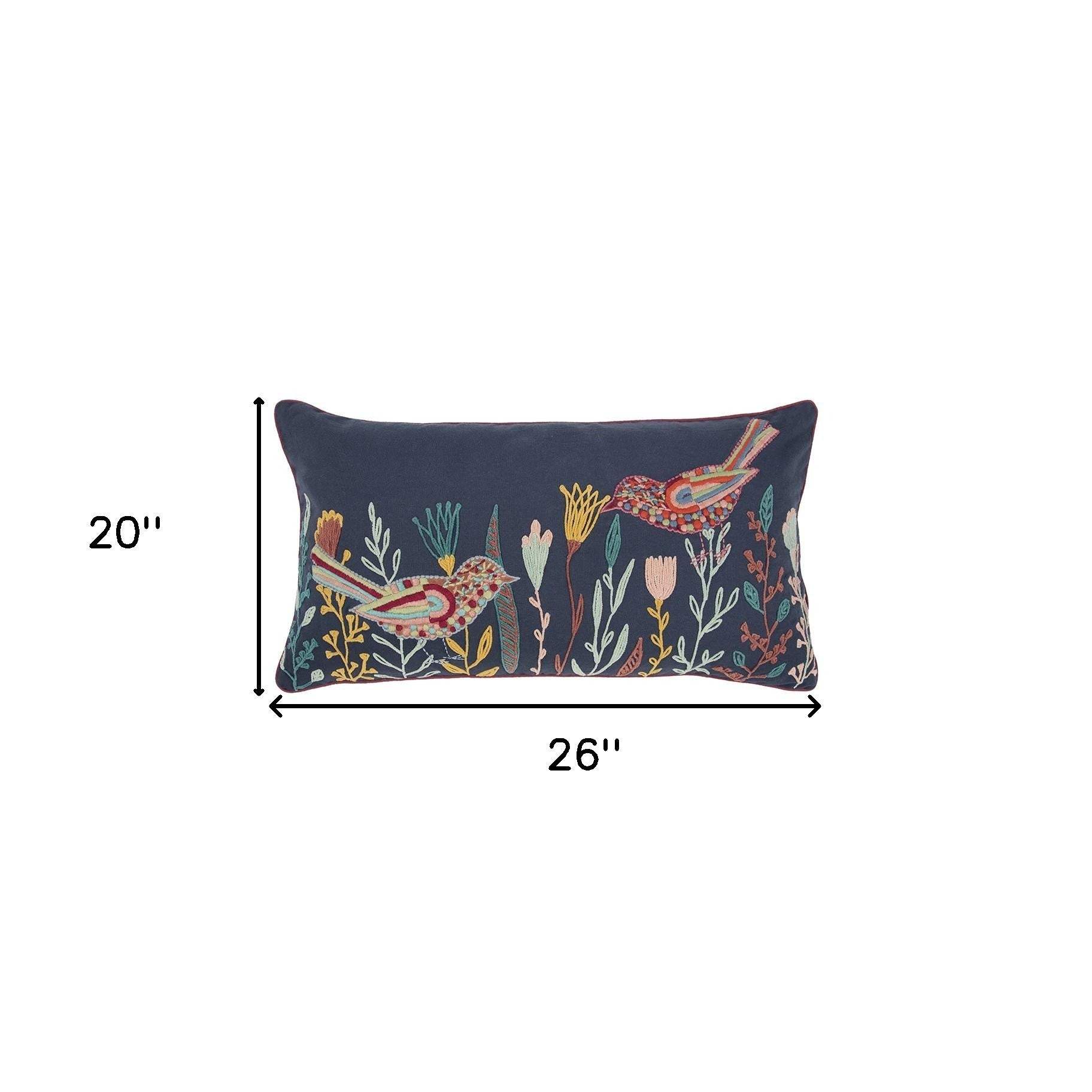 Blue Botanical and Bird Embroidered Lumbar Pillow - Image 7
