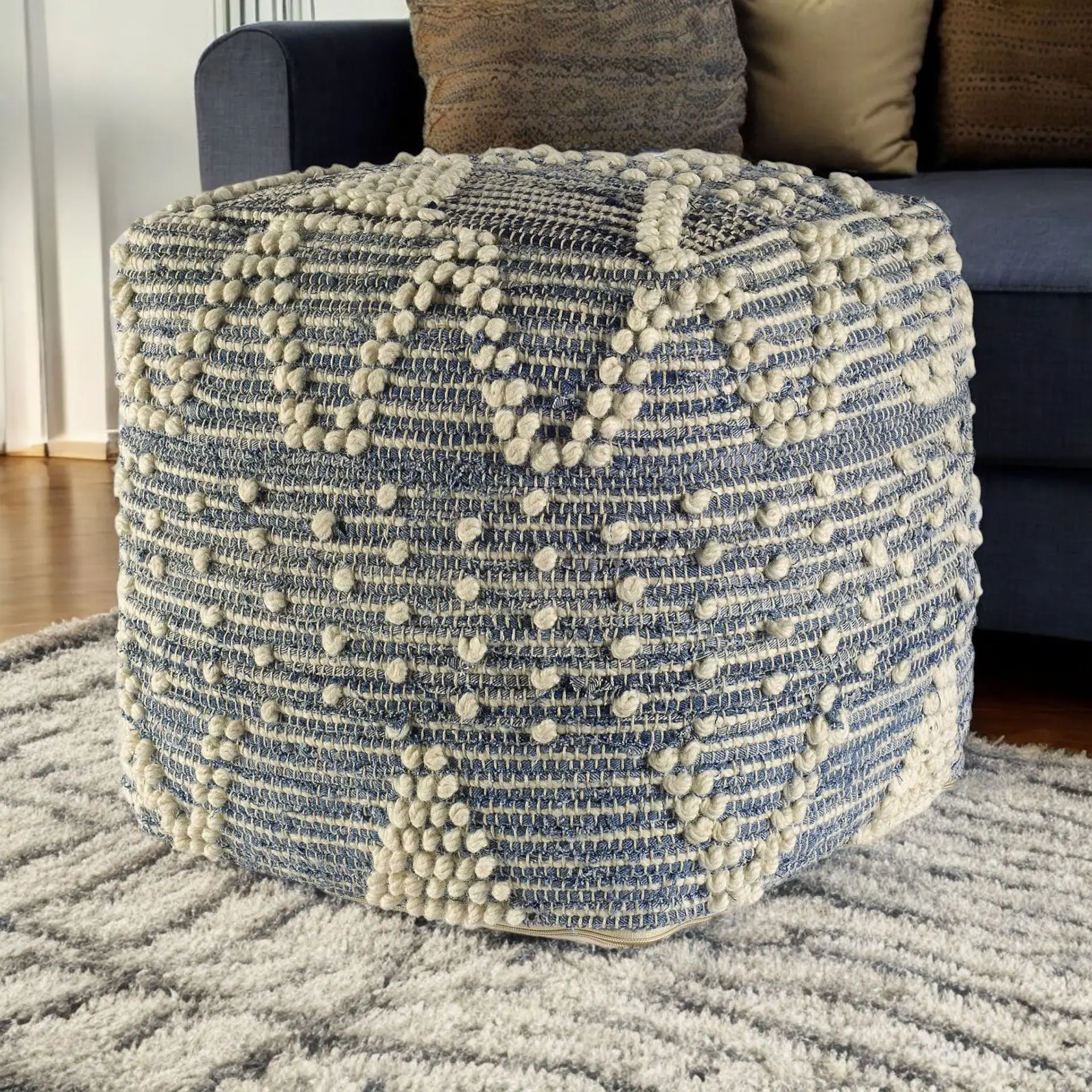 Blue Denim And Ivory Square Pouf With Cotton Stitched - Image 2