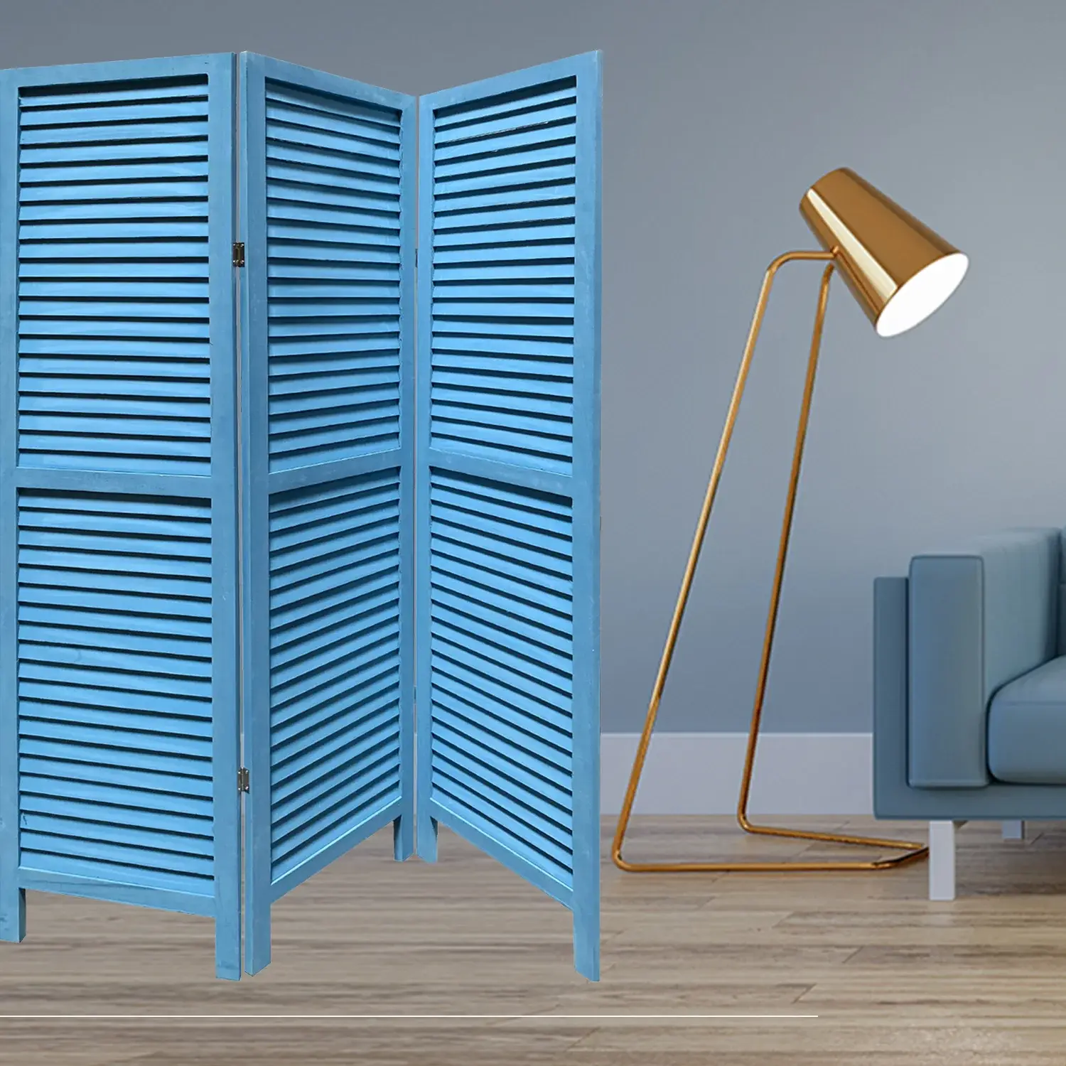 Blue Finish Wood Shutter 3 Panel Room Divider Screen - Image 4